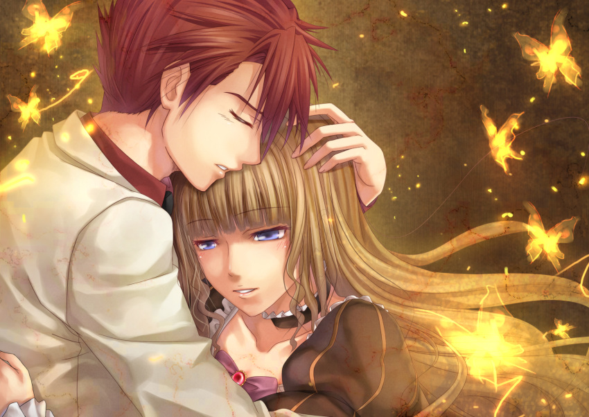 blonde_hair blue_eyes butterfly chobipero choker closed_eyes dress hand_on_head highres hug red_hair umineko_no_naku_koro_ni ushiromiya_battler when_they_cry_4