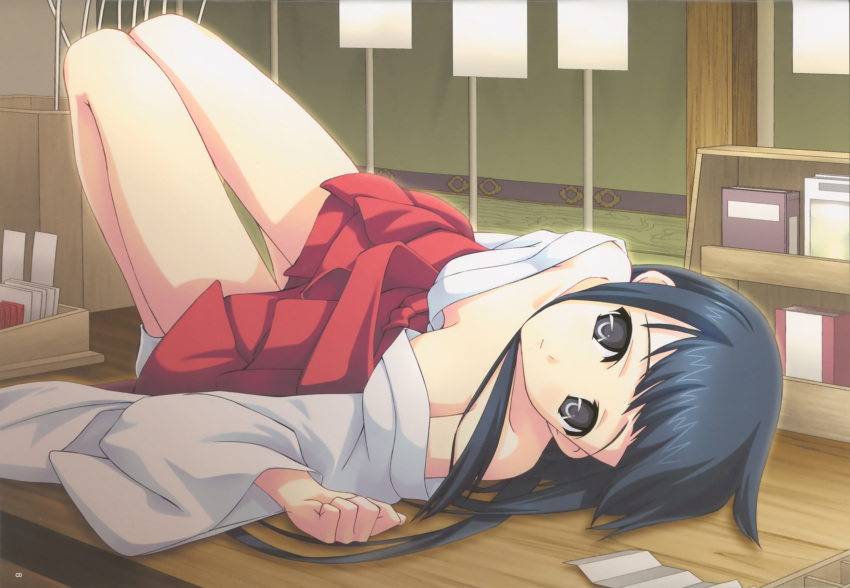 black_hair blush breasts f-ism highres japanese_clothes long_hair miko no_bra on_back shrine_maiden