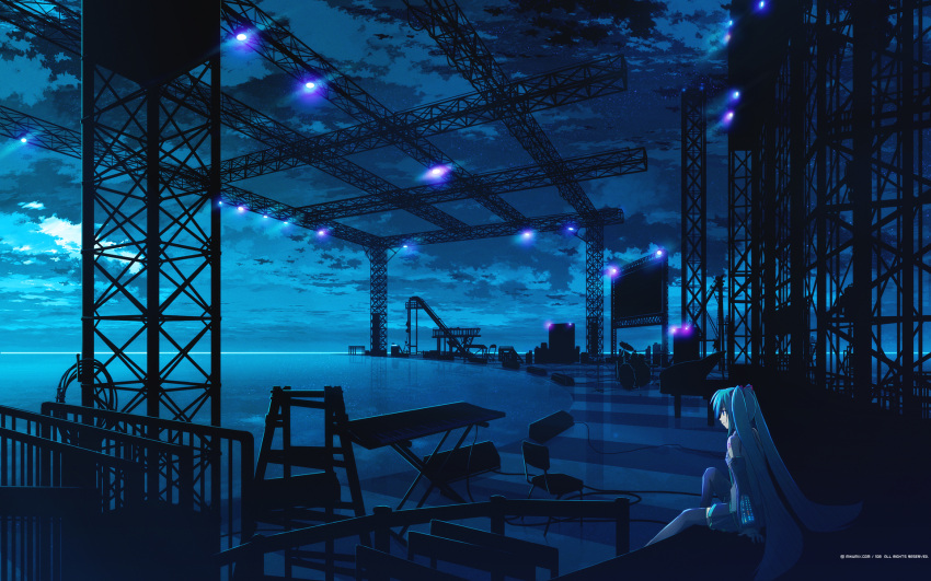1girl aqua_eyes drum grand_piano hatsune_miku highres instrument keyboard_(instrument) long_hair mikumix night piano polychromatic scenery sitting sky solo twintails vocaloid wallpaper