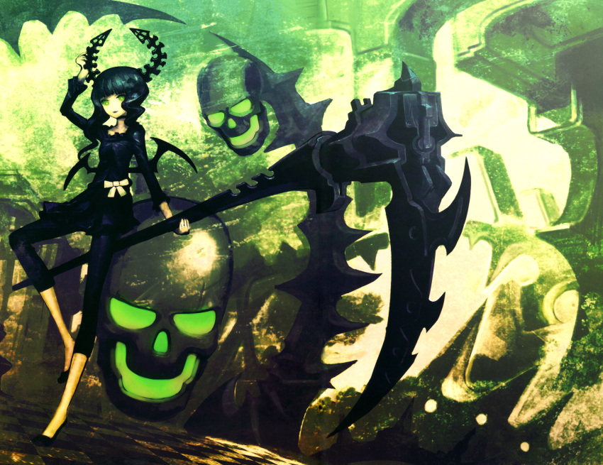 black_hair black_legwear black_rock_shooter curly_hair dead_master dress green_eyes highres horns huke leggings long_hair picsix scythe skull smile solo wings