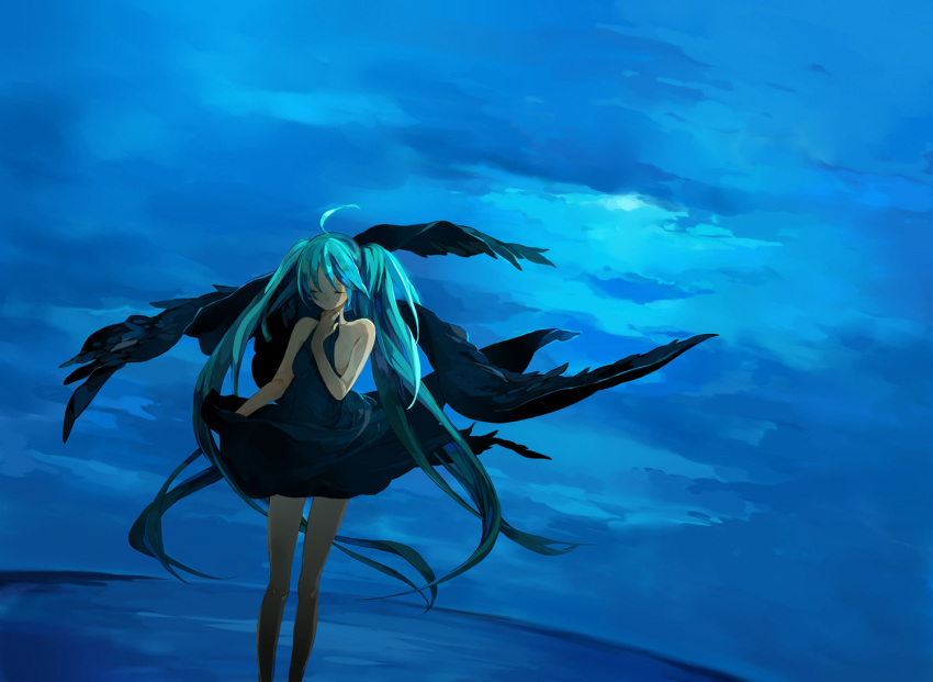 1girl ahoge aqua_hair bad_id closed_eyes dress hatsune_miku legs long_hair sky solo tomero twintails very_long_hair vocaloid wings