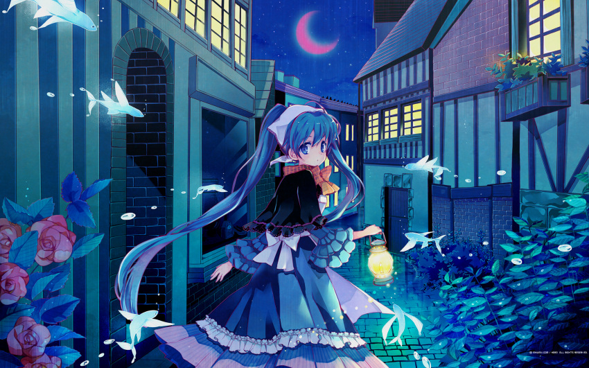 1girl aqua_eyes aqua_hair bow bubble capelet city crescent_moon dress fish flower flying_fish hara_yui hatsune_miku head_scarf highres lantern long_hair looking_back mikumix moon night red_moon reflection rose scenery solo surreal twintails very_long_hair vocaloid wallpaper wet_floor