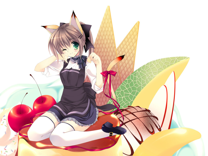 apron blush bow brown_hair cat_ears catgirl cherry dessert dress food fruit green_eyes hair_bow hair_ornament hairclip highres ice_cream in_food minigirl neck_ribbon original parfait rei rei_(rei's_room) ribbon sitting solo tail tail_ribbon thigh-highs thighhighs wink