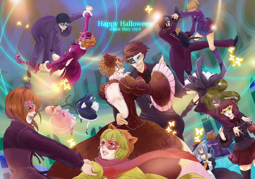 bad_id beatrice bernkastel blonde_hair blue_eyes bow breasts brown_hair butterfly crown dancing dress drill_hair eva-beatrice eva_beatrice flower formal frederica_bernkastel frills gaap garter_straps hair_bobbles hair_ornament halloween hat highres jacket kick_(dia.c) lambdadelta mammon maria_(umineko) mask mini_top_hat necktie orange_hair red_eyes red_hair ribbon ronove rose sakutaro sakutarou scarf short_hair sideboob skirt smile stakes_of_purgatory tail tea top_hat umineko_no_naku_koro_ni ushiromiya_ange ushiromiya_battler ushiromiya_george ushiromiya_jessica ushiromiya_maria virgilia when_they_cry_3 when_they_cry_4