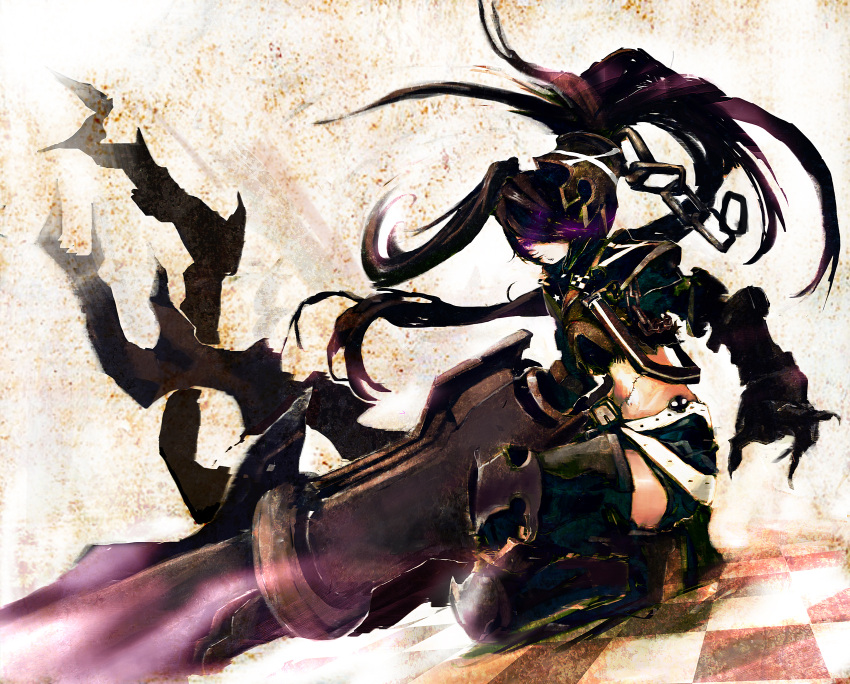 armor belt beltskirt black_hair black_rock_shooter boots chain gauntlets glowing glowing_eyes greaves highres huge_weapon insane_black_rock_shooter long_hair midriff navel purple_eyes shorts so-bin solo thighhighs twintails weapon