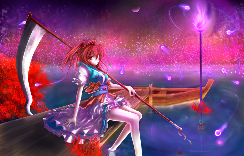 boat flower ghost hair_bobbles hair_ornament highres legs mugen_soukyuu onozuka_komachi red_eyes red_hair redhead river scythe short_hair solo spider_lily touhou twintails