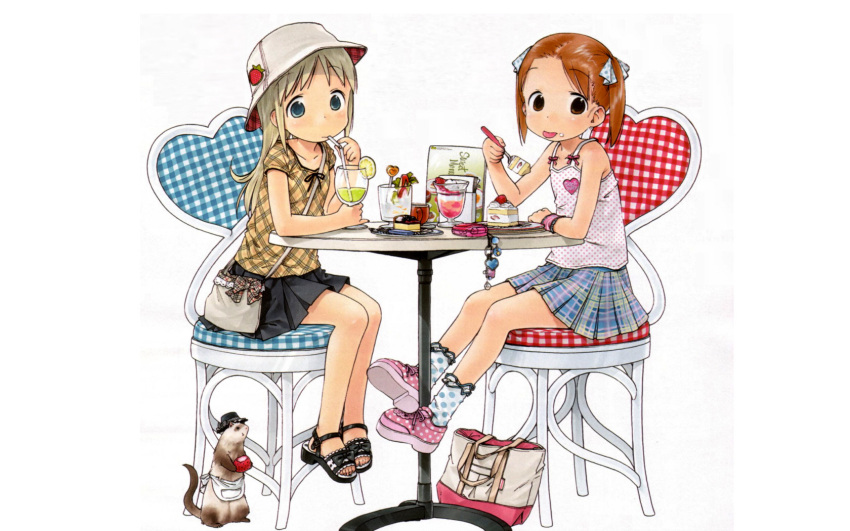 ana_coppola bag barasui blonde_hair blue_eyes brown_eyes brown_hair cake cellphone chair child ferret food food_themed_clothes highres ichigo_mashimaro john long_hair matsuoka_miu multiple_girls official_art pastry phone purse ribbon shoes sitting skirt socks table twintails wallpaper white