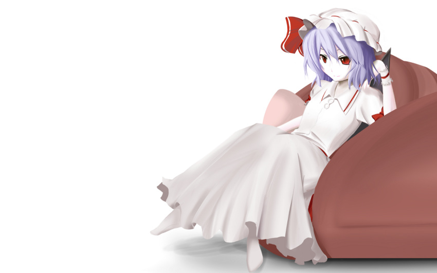 hat lavender_hair red_eyes remilia_scarlet short_sleeves simple_background sitting solo tagme touhou white