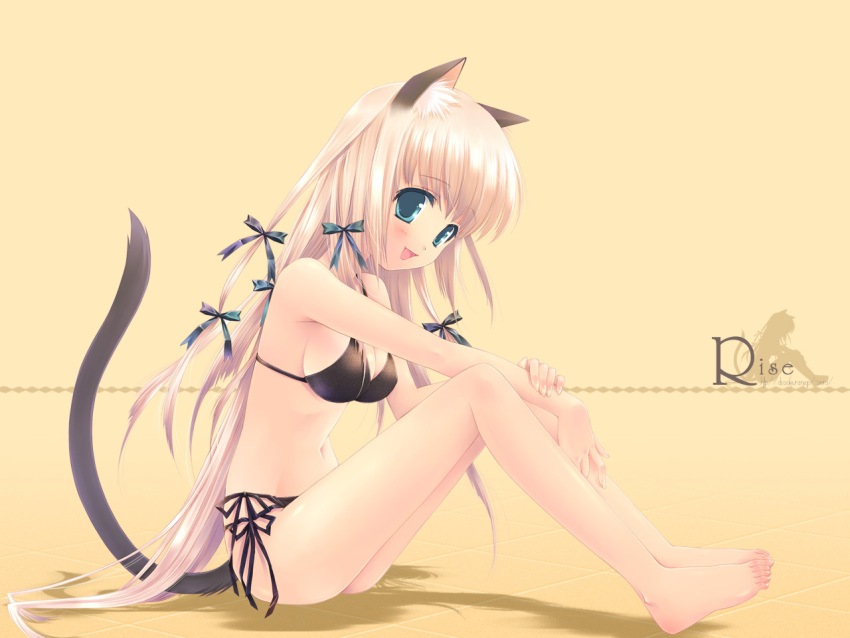 barefoot bikini black_bikini blonde_hair blue_eyes blush bow breasts cat_ears catgirl cleavage feet hair_ribbon long_hair nekomimi open_mouth ribbon side-tie_bikini sideboob smile swimsuit tail touto_seiro wallpaper