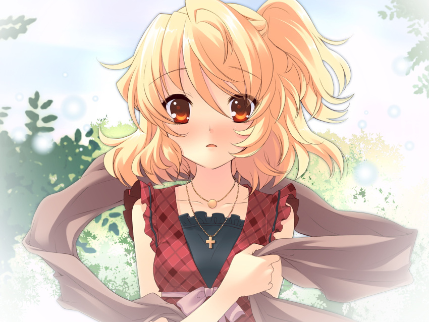 blonde_hair blush casual flyable_heart highres itou_noiji jewelry necklace open_mouth orange_eyes scarf short_hair solo sumeragi_amane