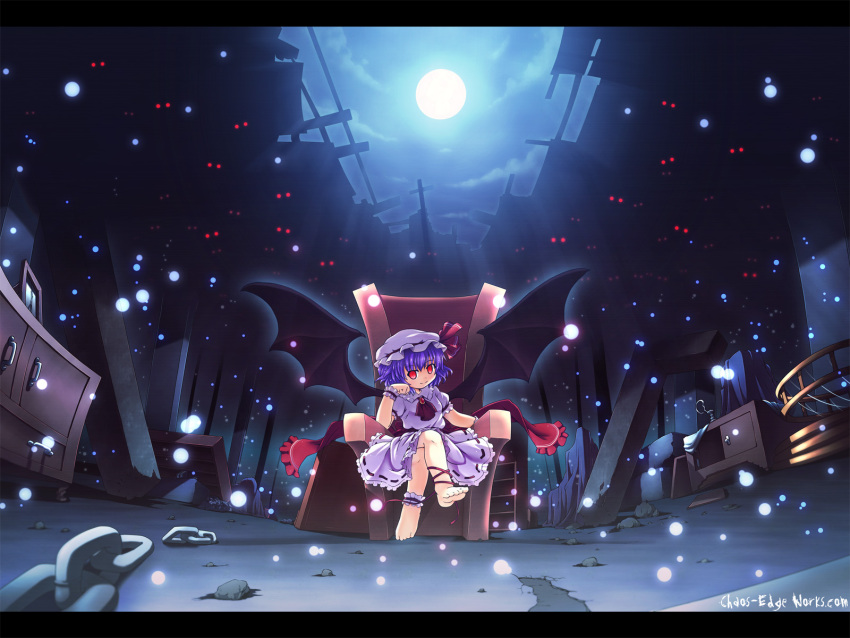 ankle_cuffs arm_support barefoot bat_wings chain etogami_kazuya eyes feet full_moon hat highres leg_ribbon letterboxed moon moonlight purple_hair red_eyes remilia_scarlet ruins short_hair smile solo throne touhou wallpaper wings