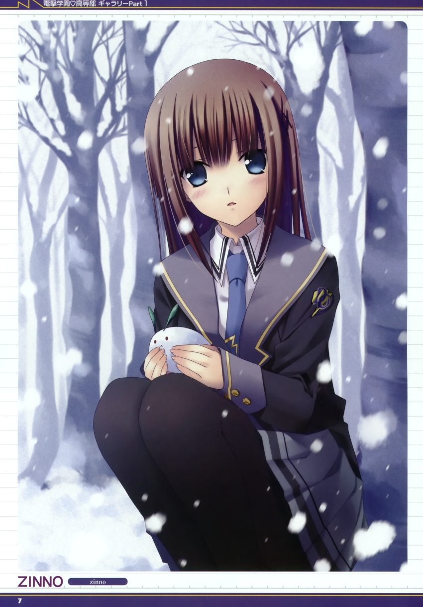 blue_eyes brown_hair highres long_hair necktie pantyhose skirt snow zinno