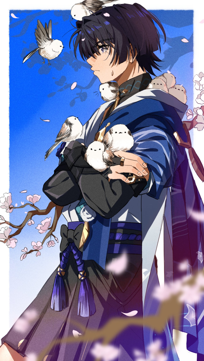 1boy animal animal_on_head animal_on_shoulder animal_print armor belt bird bird_on_hand bird_on_head bird_on_shoulder bird_print black_belt black_bodysuit black_bow black_bridal_gauntlets black_hair black_shorts blue_background blue_kimono blue_sky blunt_ends blurry bodysuit border bow branch bridal_gauntlets cherry_blossoms clear_sky closed_mouth clothing_cutout commentary crossed_arms depth_of_field dintoge falling_petals finch fingernails from_side furisode genshin_impact gold_ring grey_eyes hair_intakes hakama hakama_shorts hand_on_own_arm highres hip_vent holding holding_animal holding_bird japanese_armor japanese_clothes juban kimono kote kurokote male_focus mandarin_collar middle_ring multicolored_hair on_head outdoors outside_border petals pink_petals pleated_shorts profile purple_hair purple_rope purple_sash rope sash scaramouche_(genshin_impact) shorts side_cape sideways_mouth sky solo streaked_hair sweatdrop tassel wanderer_(genshin_impact) white_border white_kimono white_trim wispy_bangs