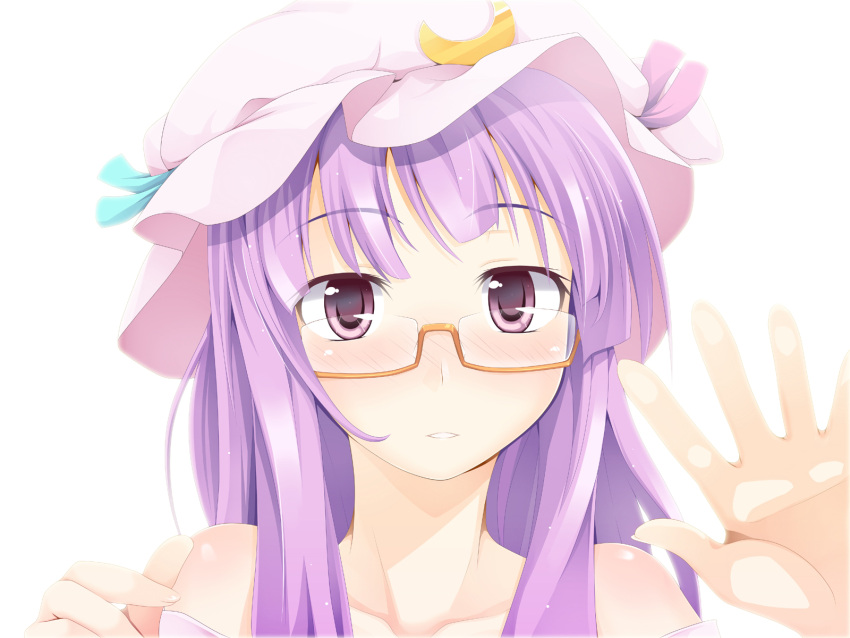 bespectacled blush crescent glasses hands hat highres long_hair ogami_kazuki patchouli_knowledge purple_eyes purple_hair semi-rimless_glasses solo touhou under-rim_glasses violet_eyes yellow-framed_glasses