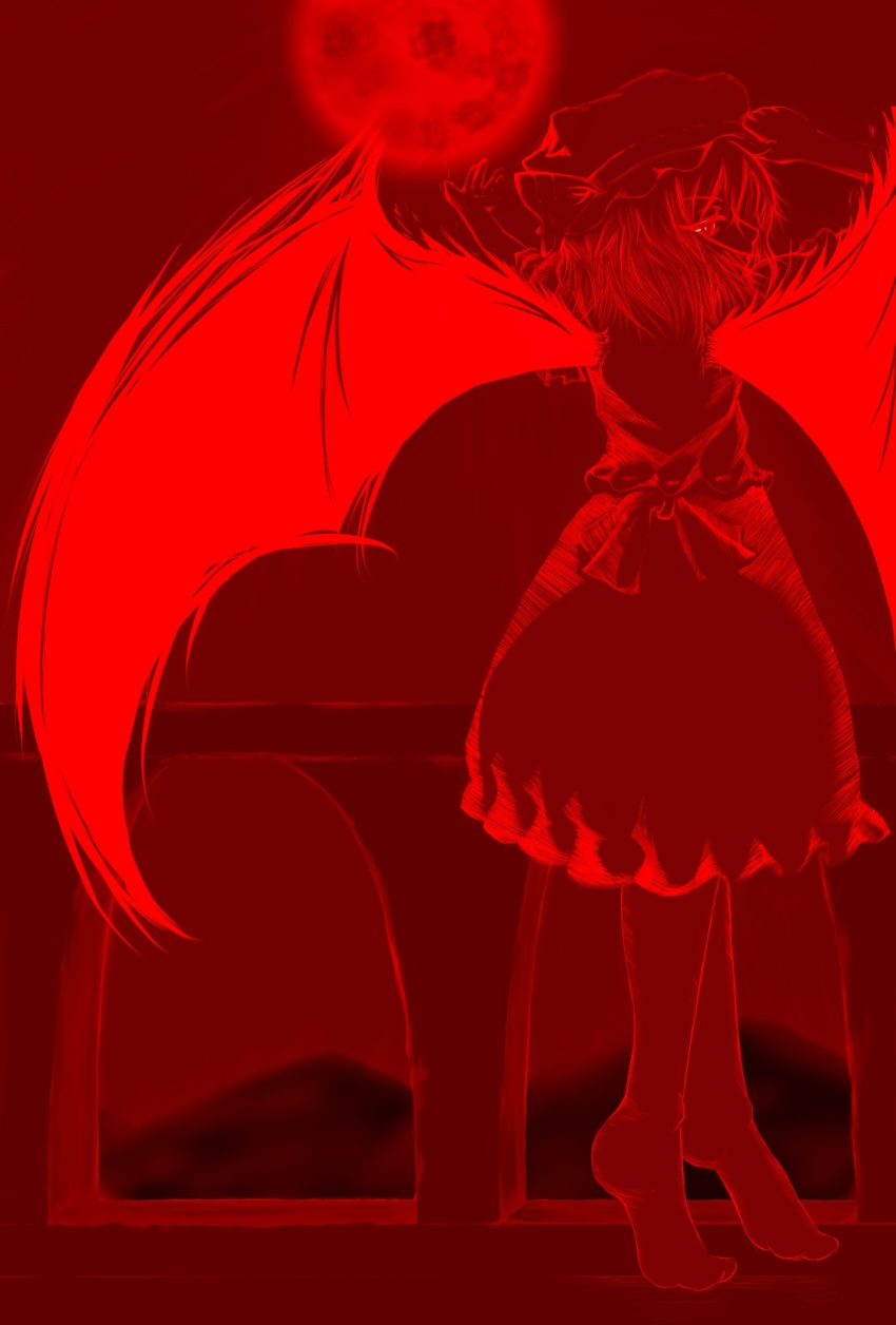 barefoot bat_wings dress full_moon hat highres inuyori legs looking_back monochrome moon profile red red_moon red_sky remilia_scarlet short_hair sky solo standing touhou wings