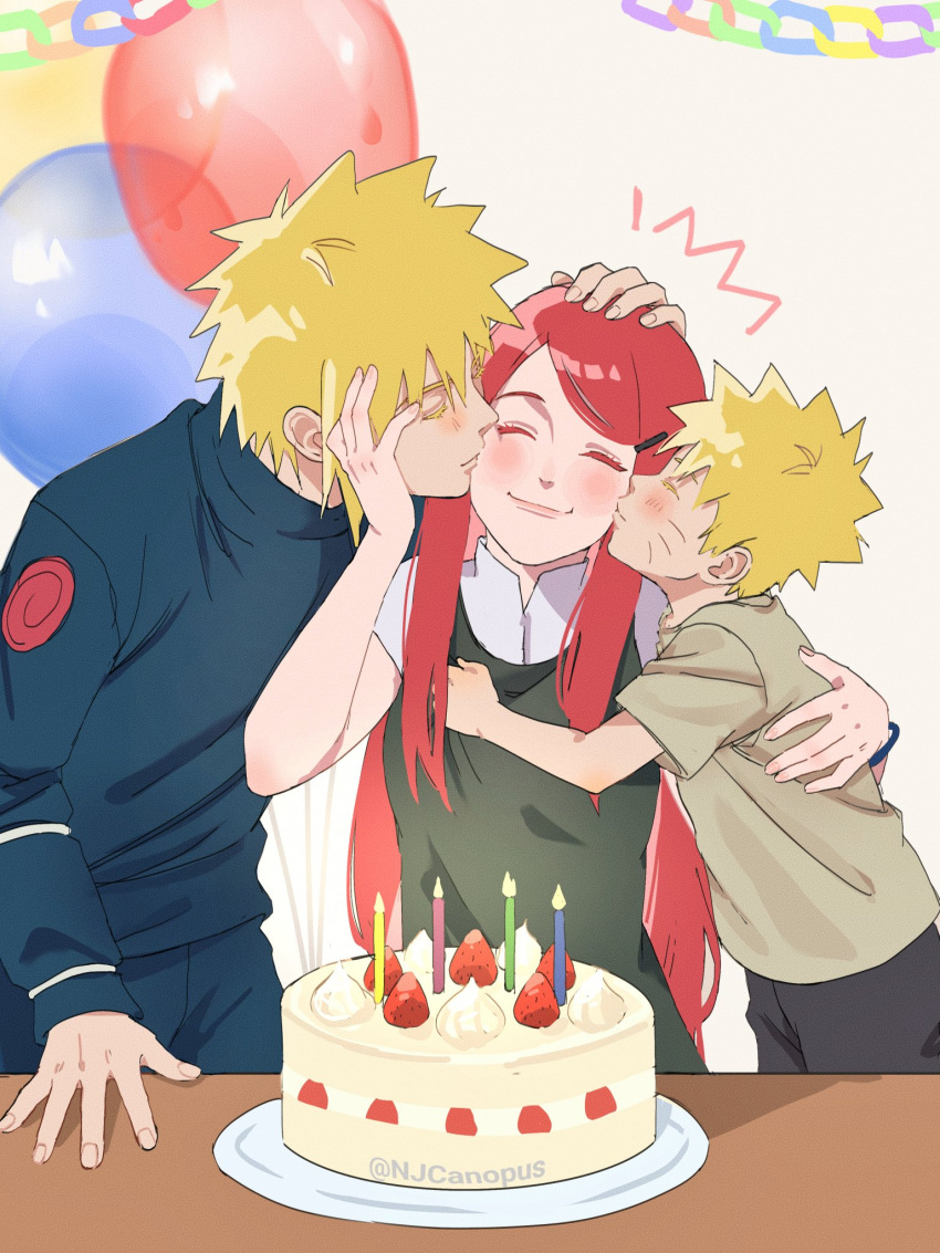 1girl 2boys artist_name birthday birthday_cake blush bodysuit cake couple father_and_child father_and_son food happy_birthday highres husband_and_wife kiss messy_hair mother_and_child mother_and_son multiple_boys namikaze_minato naruto_(series) njcanopus parent_and_child red_hair signature spiky_hair twitter_username uzumaki_kushina uzumaki_naruto