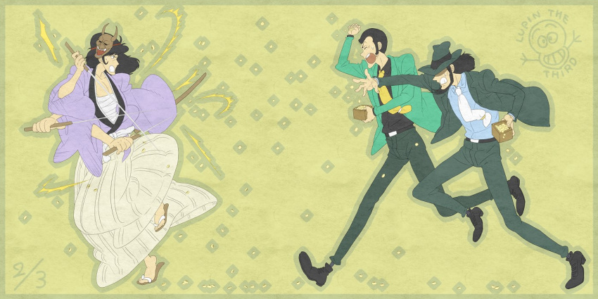 beans chasing fedora formal hat ishikawa_goemon_xiii japanese_clothes jigen_daisuke lupin_iii male mamemaki mask necktie running setsubun suit sweat sword weapon zyunya