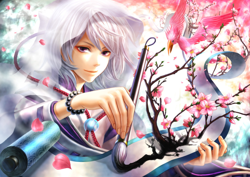 absurdres bird bracelet cherry_blossoms flower flower_petals haru_(toyst) highres jewelry male paintbrush petals purple_eyes scroll seigaiha short_hair solo violet_eyes white_hair