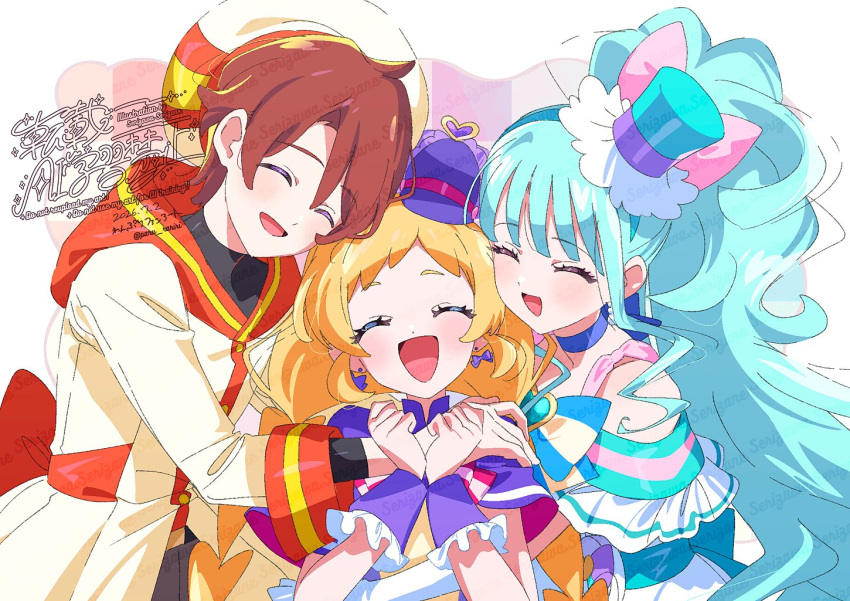 1boy 2girls beret blonde_hair blue_choker blue_hair blue_hat bow bow_choker bow_earrings braid capelet choker closed_eyes coat cure_friendy cure_lillian deerstalker dress earrings frilled_hat frilled_wrist_cuffs frills group_hug hat hat_bow hat_ribbon hood hood_down hooded_coat hug inukai_iroha jewelry long_hair magical_boy magical_girl mini_hat mini_top_hat multiple_girls nekoyashiki_mayu open_mouth pink_bow precure purple_capelet purple_dress purple_hat purple_ribbon purple_wrist_cuffs red_hair ribbon serizawa_serizane short_hair smile tilted_headwear top_hat toyama_satoru toyama_satoru_(magical_boy) twin_braids white_coat white_hat wonderful_precure! wrist_cuffs