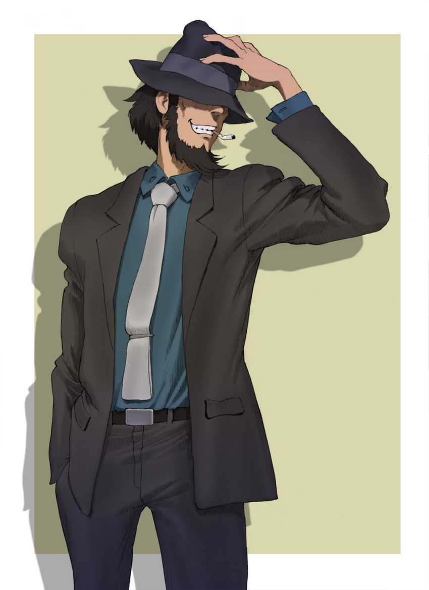 beard black_hair cigarette facial_hair fedora formal hand_in_pocket hat highres jigen_daisuke kuzu lupin_iii male necktie solo suit
