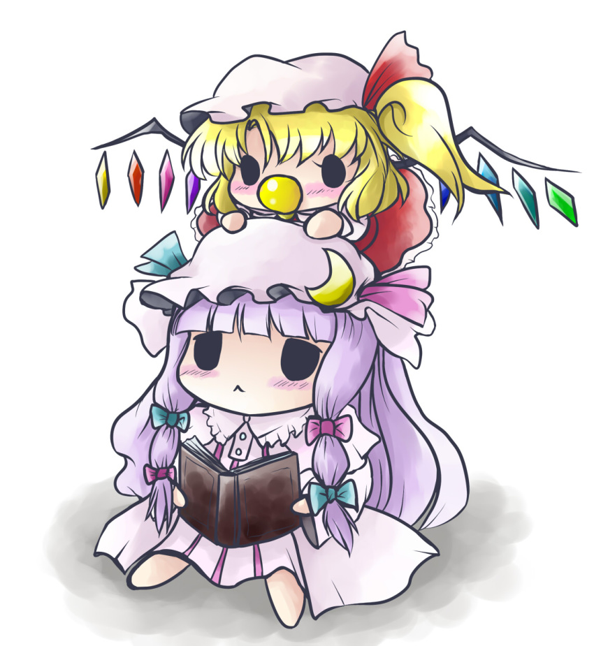 :&lt; baby bangs blunt_bangs blush book bow chibi chibi_on_head flandre_scarlet hair_bow hat highres hime_cut multiple_girls o_o pacifier patchouli_knowledge purple_hair side_ponytail solid_circle_eyes touhou wings young yume_shokunin