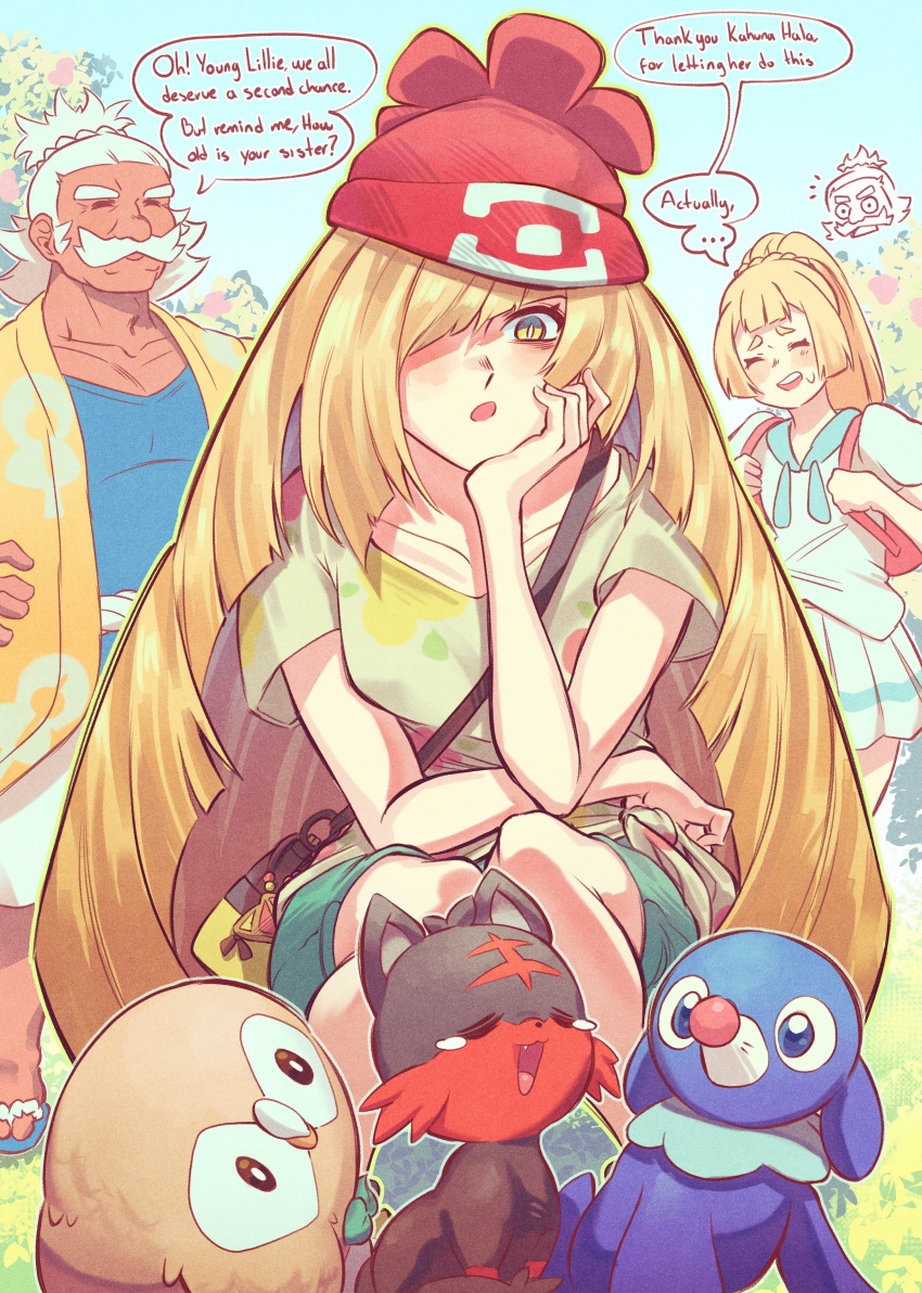 1boy 2girls absurdres andrich_galam beanie blonde_hair blue_shirt blunt_bangs blush braid braided_base breasts closed_eyes collarbone commentary cosplay dark-skinned_male dark_skin english_commentary facial_hair fangs green_eyes green_shorts hair_over_one_eye hala_(pokemon) hand_on_own_cheek hand_on_own_face hat highres jacket lillie_(pokemon) long_hair lusamine_(pokemon) mature_female mother_and_child mother_and_daughter multiple_girls mustache old old_man open_clothes open_mouth open_robe parent_and_child pleated_skirt pokemon pokemon_sun_and_moon ponytail ponytail_with_braided_base red_hat robe sandals selene_(pokemon) selene_(pokemon)_(cosplay) shirt short_hair short_sleeves shorts skirt smile speech_bubble sweatdrop teeth tied_shirt upper_teeth_only very_long_hair white_hair white_shirt white_shorts white_skirt yellow_robe yellow_shirt