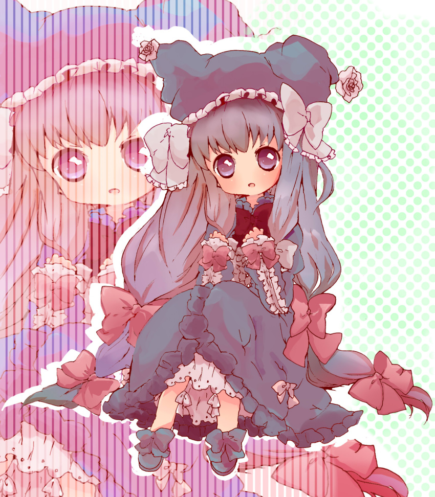 bad_id bow chibi dress flower frills hair_bow hair_ribbon hat highres long_hair mo-no no_nose open_mouth patchouli_knowledge purple_hair ribbon rose shoes sitting solo touhou very_long_hair zoom_layer