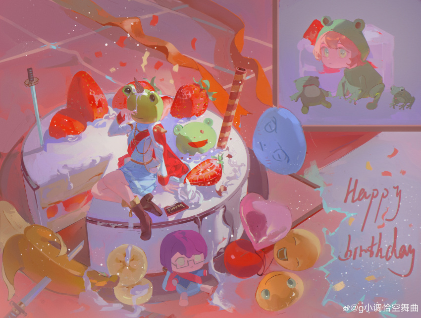 2girls :| absurdres aiguillette animal_head animal_hood badge balloon banana banana_slice belt blonde_hair blue_jacket blue_skirt boots brown_boots cake chaconne character_doll closed_mouth commentary_request confetti cream crossed_ankles daiba_nana doll face_print food food_on_face food_on_head frog frog_girl frog_hood fruit fur-trimmed_jacket fur_trim glasses green_eyes hand_rest hand_up happy_birthday head_swap heart_balloon highres hood hoshimi_junna human_head ice_cream ice_cream_cone ice_cream_on_face jacket jacket_on_shoulders katana long_sleeves multicolored_jacket multiple_girls object_on_head oversized_food oversized_object picture_frame piercing planted planted_sword print_object purple_hair red_jacket red_sash sash short_hair shoujo_kageki_revue_starlight shoulder_sash single_horizontal_stripe sitting skirt star_(symbol) strawberry strawberry_cake strawberry_slice striped_clothes striped_skirt stuffed_animal stuffed_frog stuffed_toy sword tassel two-tone_jacket watermark weapon weibo_username weibo_watermark white_jacket wide_shot yellow_belt yellow_trim