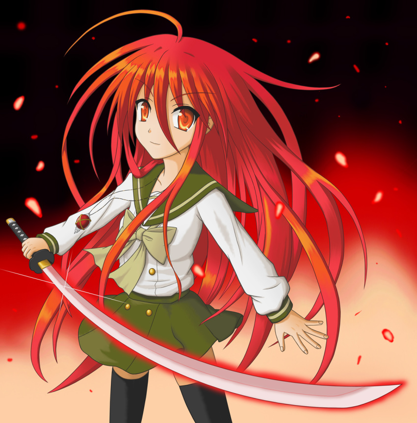 ahoge fire red_eyes redhead school_uniform shakugan_no_shana shana smile sword thigh-highs weapon zettai_ryouiki