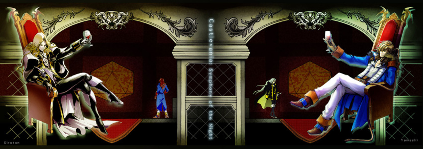 2boys alucard artist_request boots brown_hair cape castlevania castlevania:_symphony_of_the_night chair coat crossed_legs english gloves long_hair male monster richter_belmont silver_hair sitting toast whip wine_glass