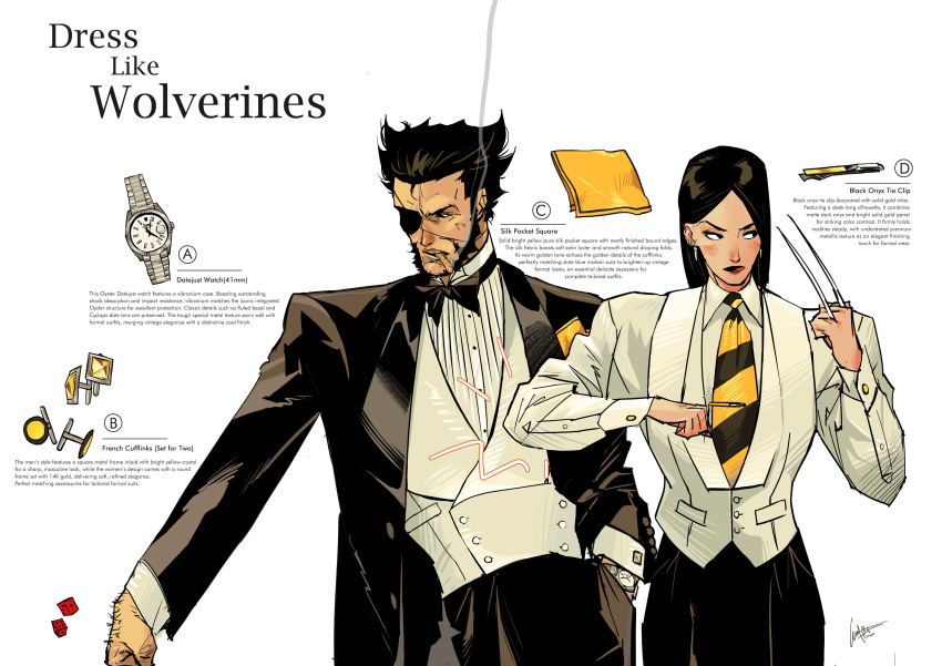 1boy 1girl absurdres black_jacket black_necktie black_pants black_suit collared_shirt commentary english_commentary father_and_child father_and_daughter formal_clothes highres jacket marvel necktie pants parent_and_child pinstripe_pattern pinstripe_suit shirt suit suit_jacket suit_pants weinsdrawinggg wolverine_(x-men) x-23 x-men