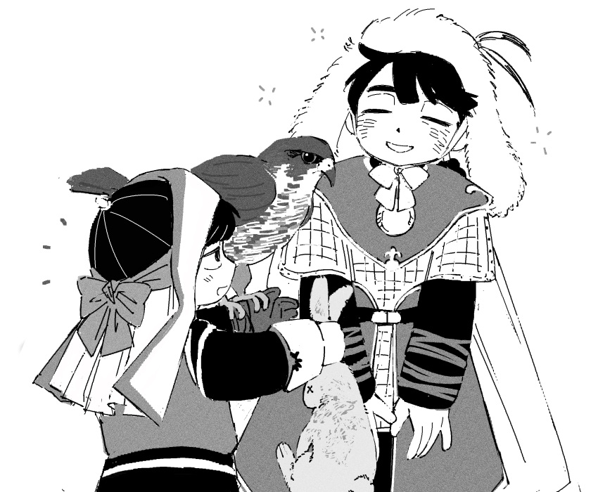 2boys arm_wrap belt chinstrap closed_eyes dead_animal falconry falconry_glove father_and_child father_and_son fur-trimmed_headwear fur_trim gigantea_pp guyuk_(tenmaku_no_jaadugar) highres lamellar_armor monochrome multiple_boys ogedei_(tenmaku_no_jaadugar) parent_and_child rabbit simple_background tenmaku_no_jaadugar white_background
