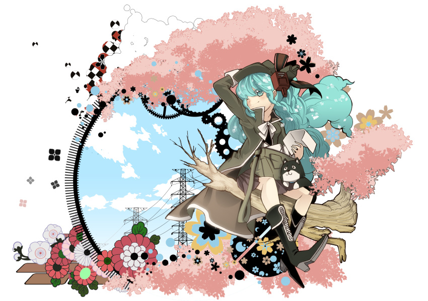 1girl animal aqua_eyes aqua_hair bag boots braid branch bridget00747 cloud coat collar dog flower gears hat hatsune_miku highres long_hair power_lines sitting skirt sky smile solo spring spring_(season) tree vocaloid wind