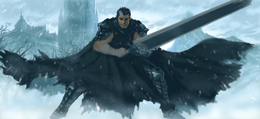 berserk black_hair cape commentary_request dragonslayer_(sword) guts huge_weapon m.u.g.e.n male mugen_(game) oggy_(oggyoggy) short_hair snow sword weapon