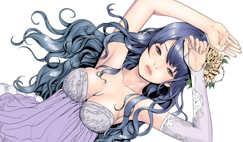 absurdres bare_shoulders blue_hair breasts brown_eyes cleavage detached_sleeves dress flower hair_flower hair_ornament highres hitomi_kazuya long_hair lying on_back original solo