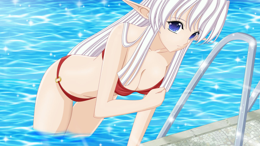 artemisumi bikini blue_eyes elf pool swimsuit tagme water white_hair