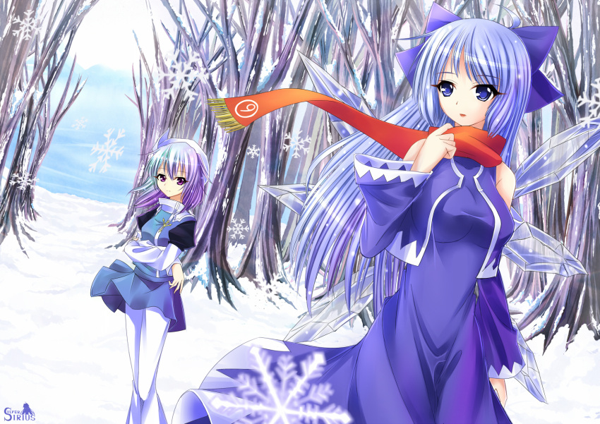 adult alternate_costume aqua_hair blue_eyes blue_hair bow cirno cirno-nee crossed_arms gradient_hair hair_bow hat highres letty_whiterock long_hair multicolored_hair purple_eyes scarf short_hair silversirius snow touhou tree wings winter