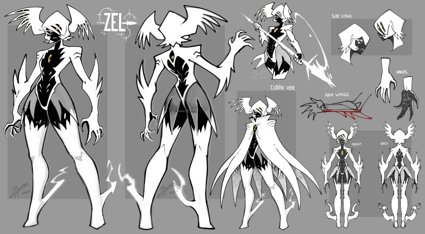 1girl absurdres angel ass black_skin cape chest_eye claws colored_sclera colored_skin commentary dated energy_spear english_commentary english_text extra_eyes from_behind from_side full_body grey_background head_wings highres holding holding_polearm holding_weapon monster_girl multicolored_skin multiple_views original polearm reference_sheet signature twitter_username two-tone_skin wavy_mouth weapon white_cape white_mouth white_skin winged_arms wings yellow_eyes yellow_sclera za1f0n zel_(za1f0n)