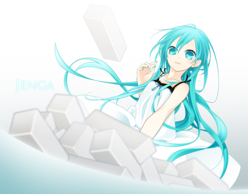 alternate_costume alternate_hairstyle aqua_eyes aqua_hair dress hatsune_miku jenga jenga_(vocaloid) long_hair shiro_mayu solo tears very_long_hair vocaloid white_dress