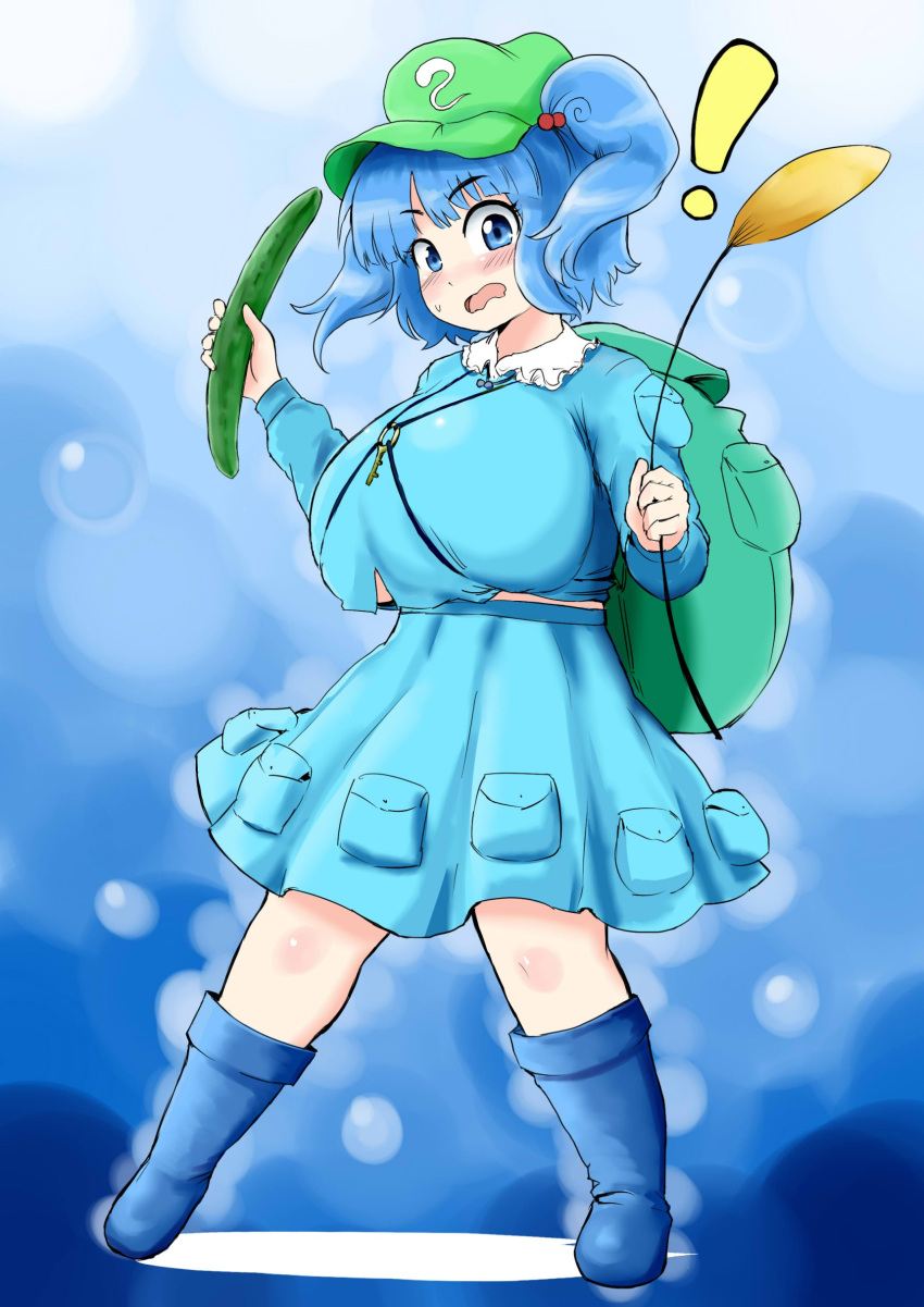1girl absurdres artist_request backpack bag blue_eyes blue_hair blush boots breasts bubble cattail cucumber hair_bobbles hair_ornament hat highres huge_breasts kawashiro_nitori key large_breasts open_mouth plant pocket pockets randoseru ryounosuke short_hair skirt solo surprised touhou twintails