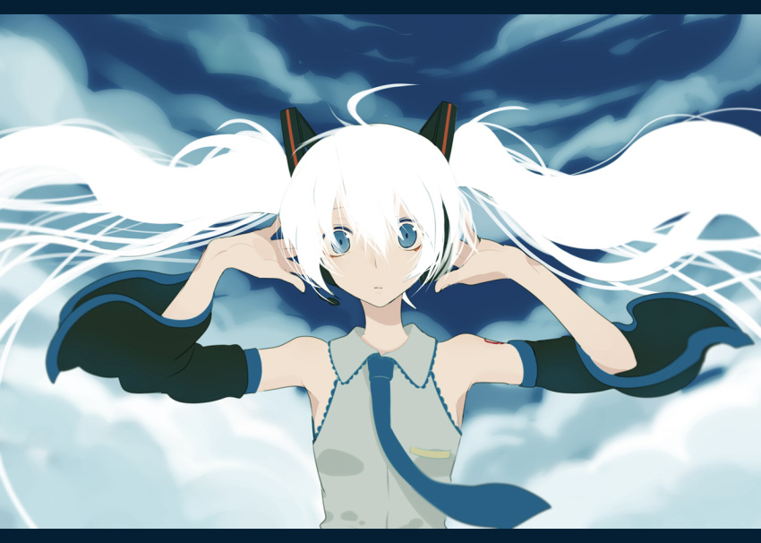 ahoge alternate_hair_color aqua_eyes arms_up bad_id cloud clouds floating_hair hands_on_headphones harano hatsune_miku headphones letterboxed long_hair necktie sky solo tie twintails very_long_hair vocaloid white_hair