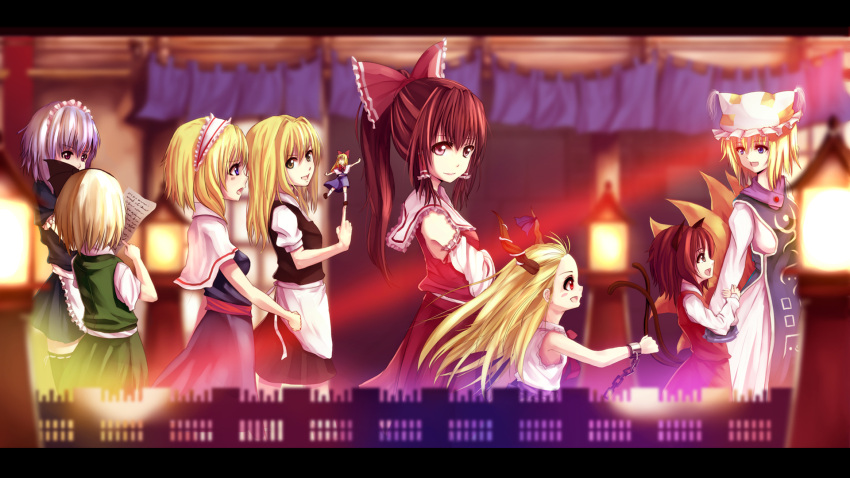 alice_margatroid animal_ears apron blonde_hair blue_eyes blush bow brown_eyes brown_hair canae0 capelet cat_ears cat_tail chain chains chen detached_sleeves doll dress dress_shirt fence fox_tail from_behind grin hair_bow hair_tubes hairband hakurei_reimu hat hat_with_ears highres horns ibuki_suika izayoi_sakuya katana kirisame_marisa konpaku_youmu lamp long_hair maid maid_headdress miko multiple_girls multiple_tails no_hat no_headwear open_mouth paper ponytail purple_eyes red_eyes running shanghai_doll shirt short_hair silver_hair skirt skirt_set smile sword tail touhou violet_eyes walking weapon white_dress wrist_grab yakumo_ran