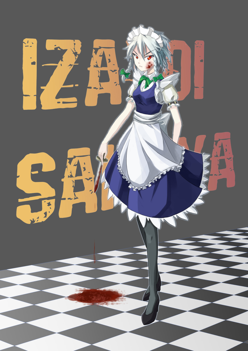 absurdres black_legwear blood blood_on_face bow braid checkered checkered_floor hair_bow highres izayoi_sakuya knife maid maid_headdress pantyhose red_eyes shinebell short_hair silver_hair solo the_embodiment_of_scarlet_devil throwing_knife touhou twin_braids weapon