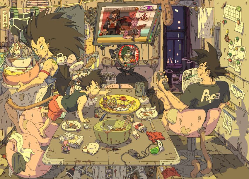 age_difference apron armor ashtray bardock barefoot beer black_hair bone boned_meat boots bottle bug can captain_ginyu casual chair character_doll cigarette clothes_writing clothesline clothing_writing cockroach cog cogs controller cup dishes dodoria dragon_ball dragon_ball_z dragonball_z eating eggshell fan father_and_son food fork frieza full_mouth garbage gears highres insect king_vegeta knife liquor long_hair magnet magnets male matches meat microphone monkey_tail monkeycry mouth_full mouth_hold multiple_boys newspaper pipe raditz razor reaching refrigerator_magnet refrigerator_magnets remote_control room rubber_band scar scouter shorts siblings skull son_gokuu spiked_hair spiky_hair spoon sumiru_(dancing_monkey) t-shirt table tail tank_top tarble television towel vegeta young zarbon