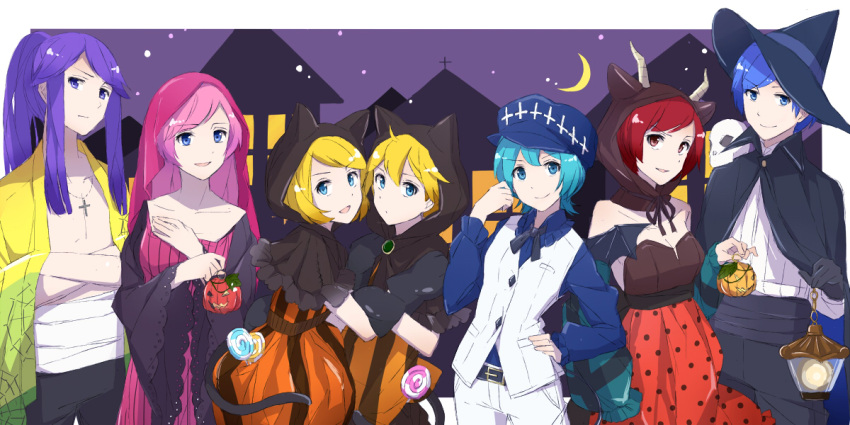 animal_ears bat_wings candy cap capelet costume cross folded_arms gloves group halloween hand_on_hip hatsune_miku hood horns kagamine_len kagamine_rin kaito kamui_gakupo lantern lollipop megurine_luka meiko moon neck_ribbon necklace night ponytail strapless vocaloid waistcoat wide_sleeves witch_hat