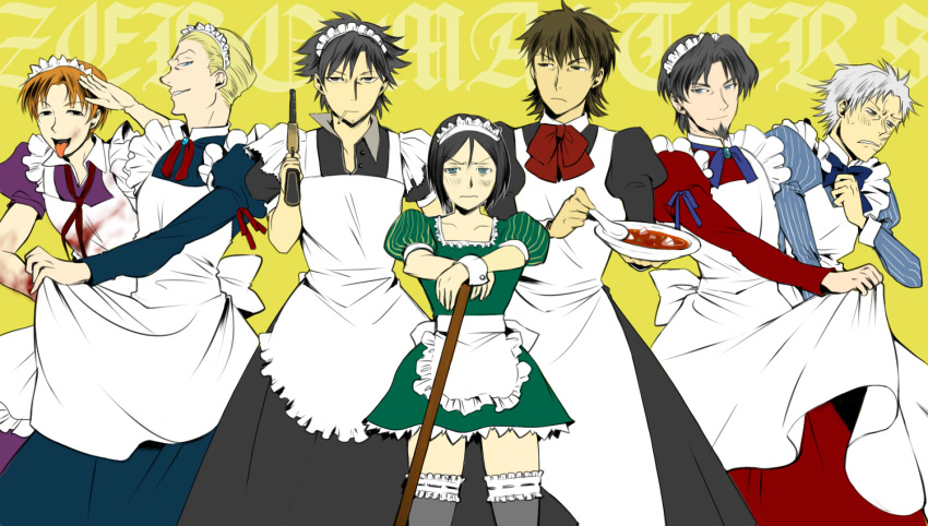 :p alternate_costume apron black_hair blonde_hair blood blue_eyes blush broom brown_hair cigarette crossdressinging dress emiya_kiritsugu enmaided facial_hair fate/stay_night fate/zero fate_(series) goatee green_eyes gun kayneth_archibald_el-melloi kotomine_kirei maabou_doufu maid maid_headdress male mapo_doufu matou_kariya multiple_boys puffy_sleeves red_hair sabata_yuki short_hair thigh-highs thighhighs thompson_contender tohsaka_tokiomi tongue toosaka_tokiomi trap uryuu_ryuunosuke waver_velvet weapon white_hair zettai_ryouiki