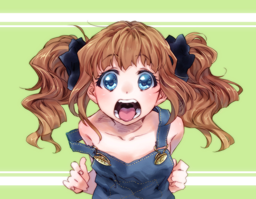 1girl blue_eyes brown_hair idolmaster long_hair naked_overalls open_mouth overalls solo strap_slip takanashi_ringo takatsuki_yayoi teeth tongue twintails uvula