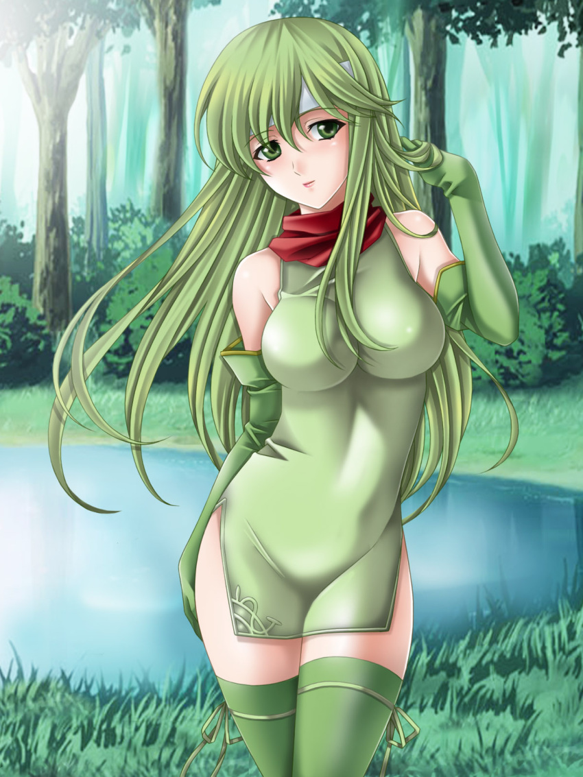 breasts elbow_gloves fire_emblem fire_emblem:_mystery_of_the_emblem forest gloves green_eyes green_hair hair_flip headband highres impossible_clothes impossible_clothing large_breasts long_hair mound_of_venus nature paola scarf side_slit solo tamamon thigh-highs thighhighs