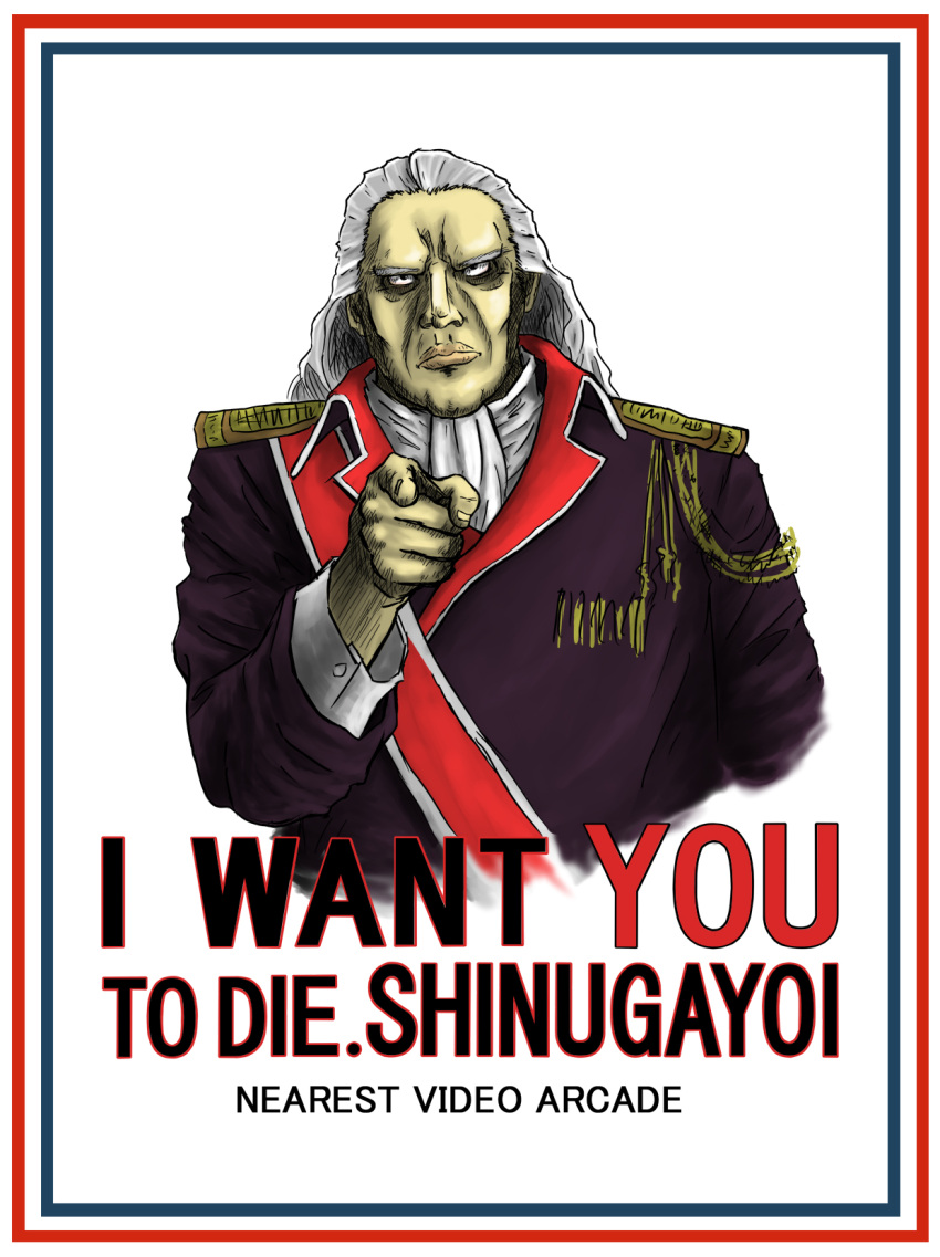 dodonpachi highres i_want_you long_hair military parody poster solo syaa white_hair
