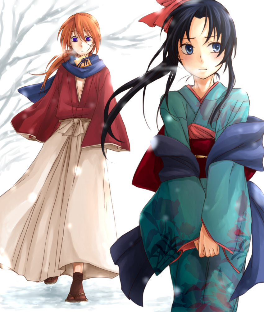 1girl bad_id black_hair blue_eyes blush couple female footwear gift girasolem highres himura_kenshin japanese_clothes k_hearts kamiya_kaoru kimono long_hair male orange_hair ponytail purple_eyes red_hair red_ribbon redhead ribbon rurouni_kenshin sandals scar scarf snow snowing socks tree valentine